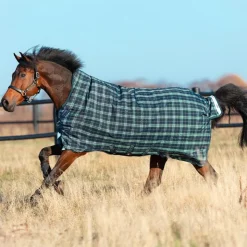 Best Horseware - Couverture d'extérieur Rhino Wug encolure montante / vert à carreaux 100g Marine