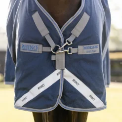 Discount Horseware - Couverture d'extérieur Rhino Turnout / titanium grey/ classic blue 100g Marine